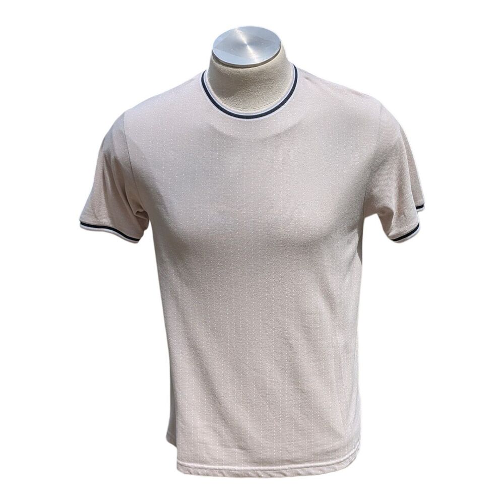 Denim & Flower Men Short Sleeve Knit TShirt Beige Textured Tipped Crewneck Large